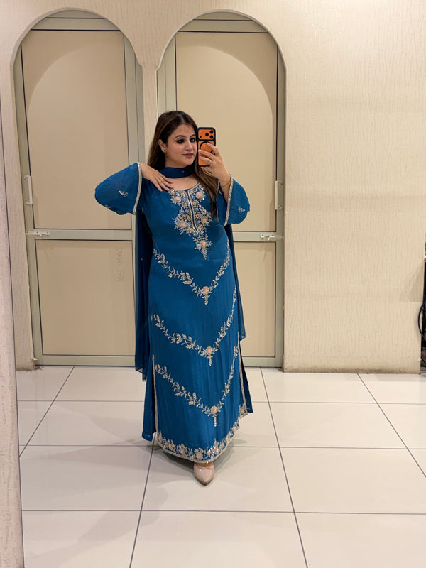 Blue Handwork Embroidered Suit Set with Bottom (L–XXL)