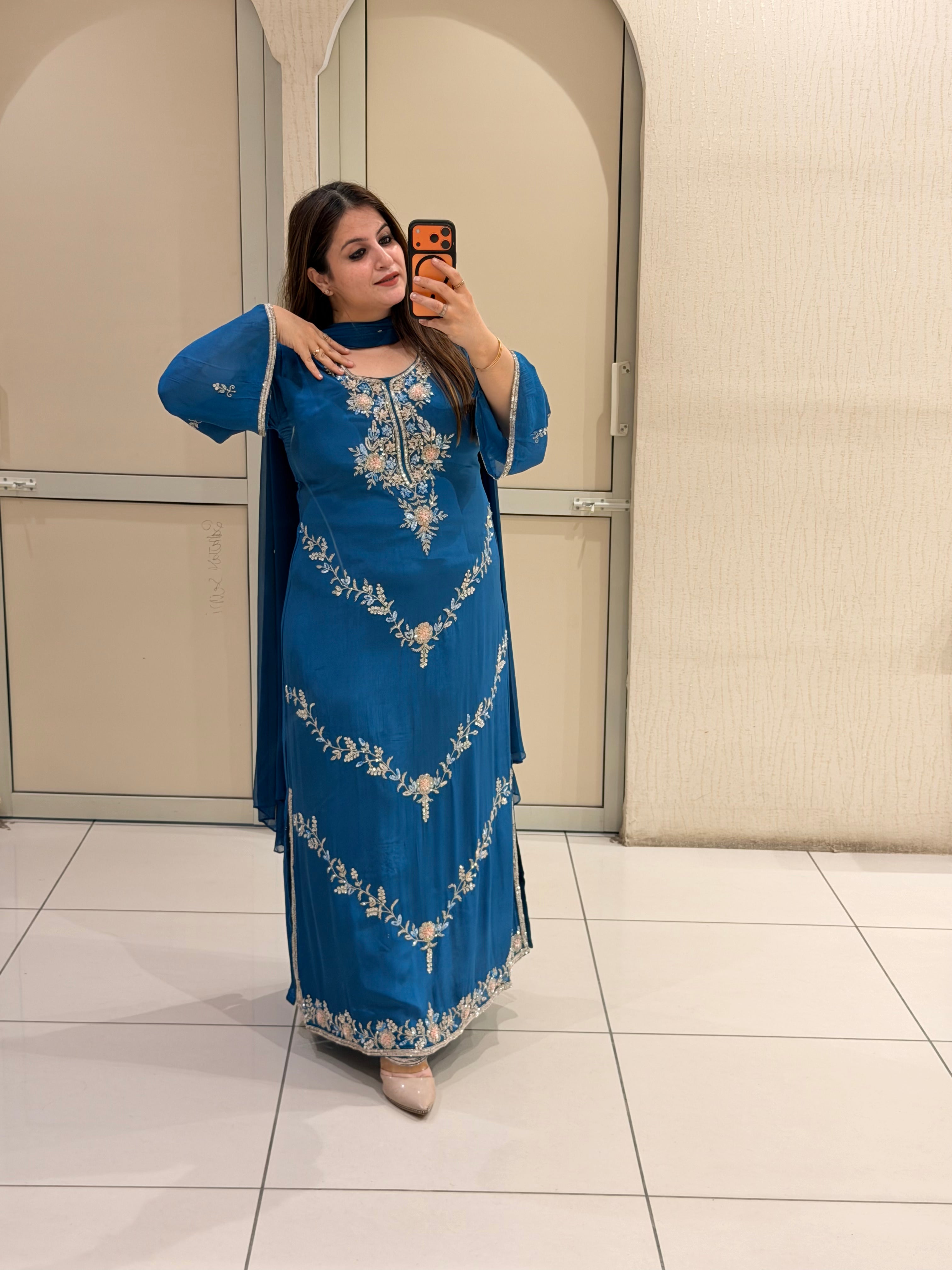 Blue Handwork Embroidered Suit Set with Bottom (L–XXL)