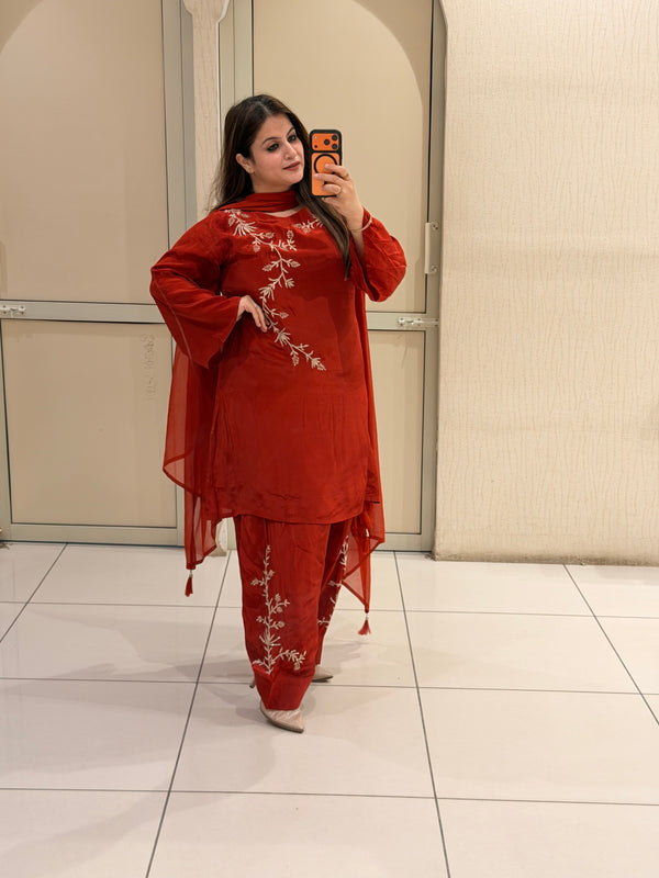 Red Pure Crepe Farsi Handwork Suit (M–XXL)