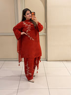Red Pure Crepe Farsi Handwork Suit (M–XXL)