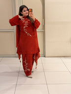 Red Pure Crepe Farsi Handwork Suit (M–XXL)