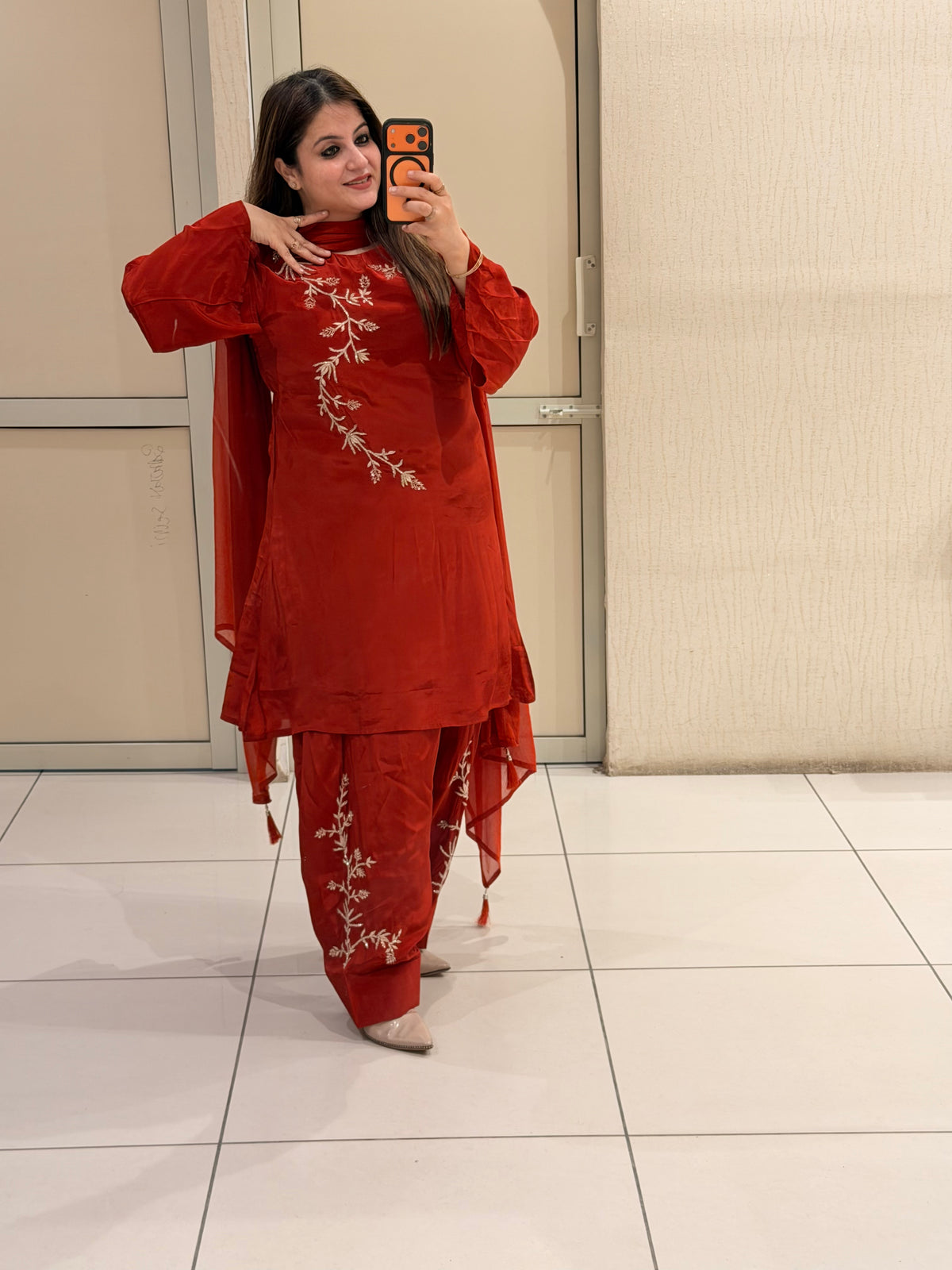 Red Pure Crepe Farsi Handwork Suit (M–XXL)