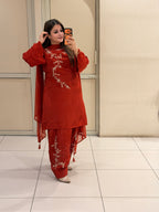 Red Pure Crepe Farsi Handwork Suit (M–XXL)