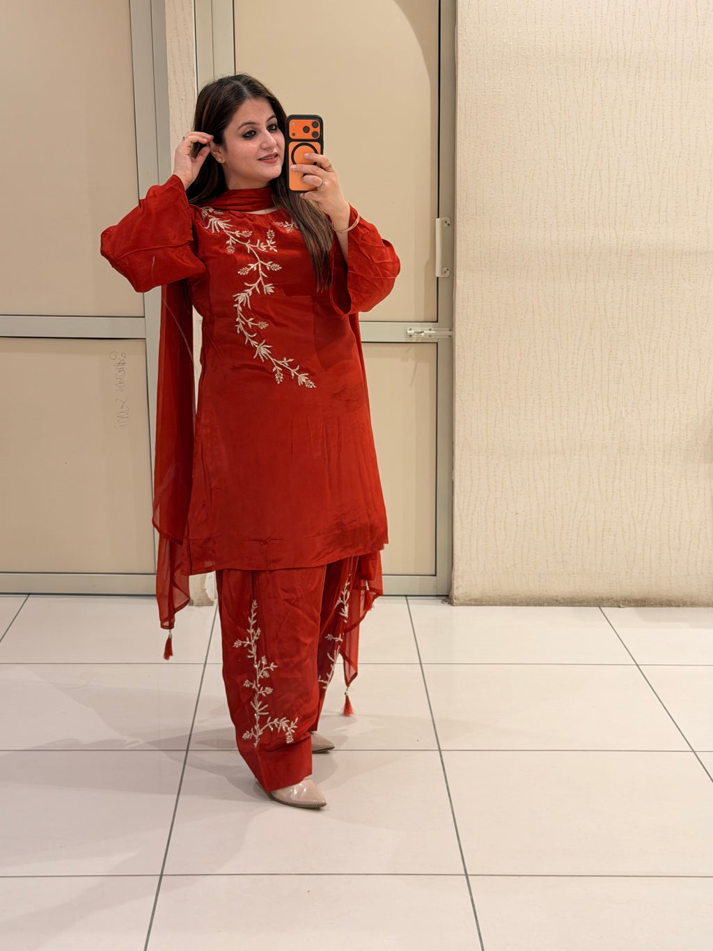 Red Pure Crepe Farsi Handwork Suit (M–XXL)