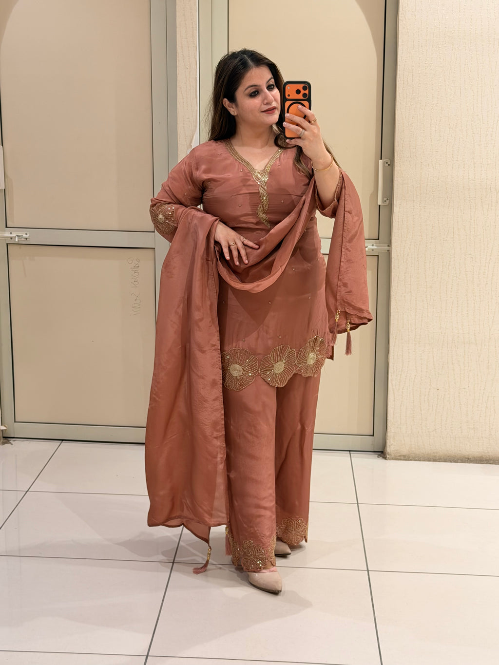Rust Brown Designer Embroidered Three-Piece Suit Set