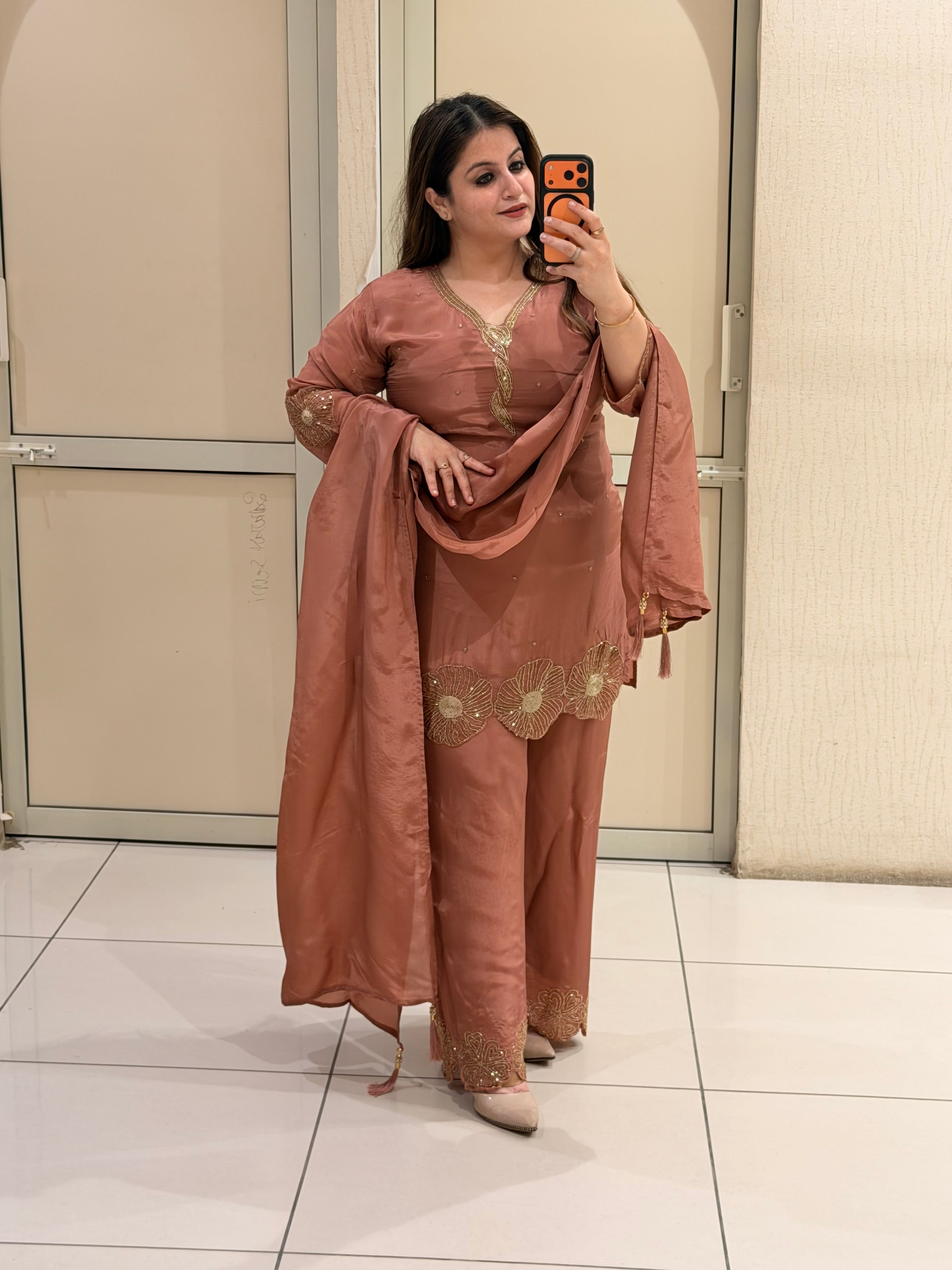 Rust Brown Designer Embroidered Three-Piece Suit Set