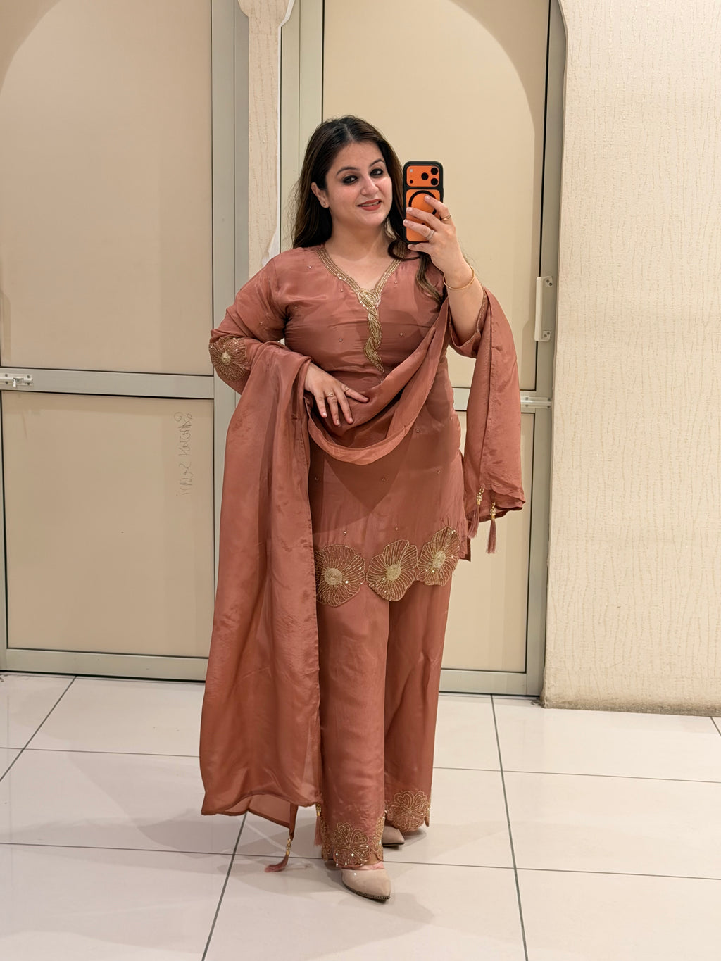 Rust Brown Designer Embroidered Three-Piece Suit Set