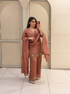 Rust Brown Designer Embroidered Three-Piece Suit Set