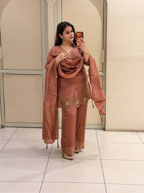 Rust Brown Designer Embroidered Three-Piece Suit Set