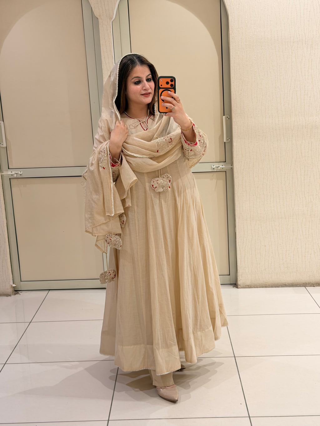 Pure Mul Chanderi Cream Designer Anarkali Suit Set