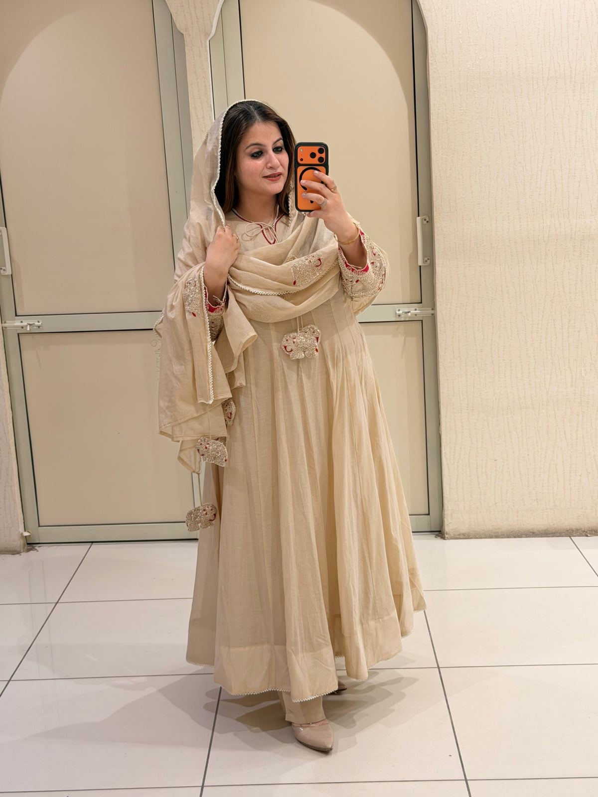 Pure Mul Chanderi Cream Designer Anarkali Suit Set