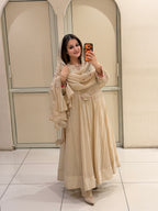 Pure Mul Chanderi Cream Designer Anarkali Suit Set