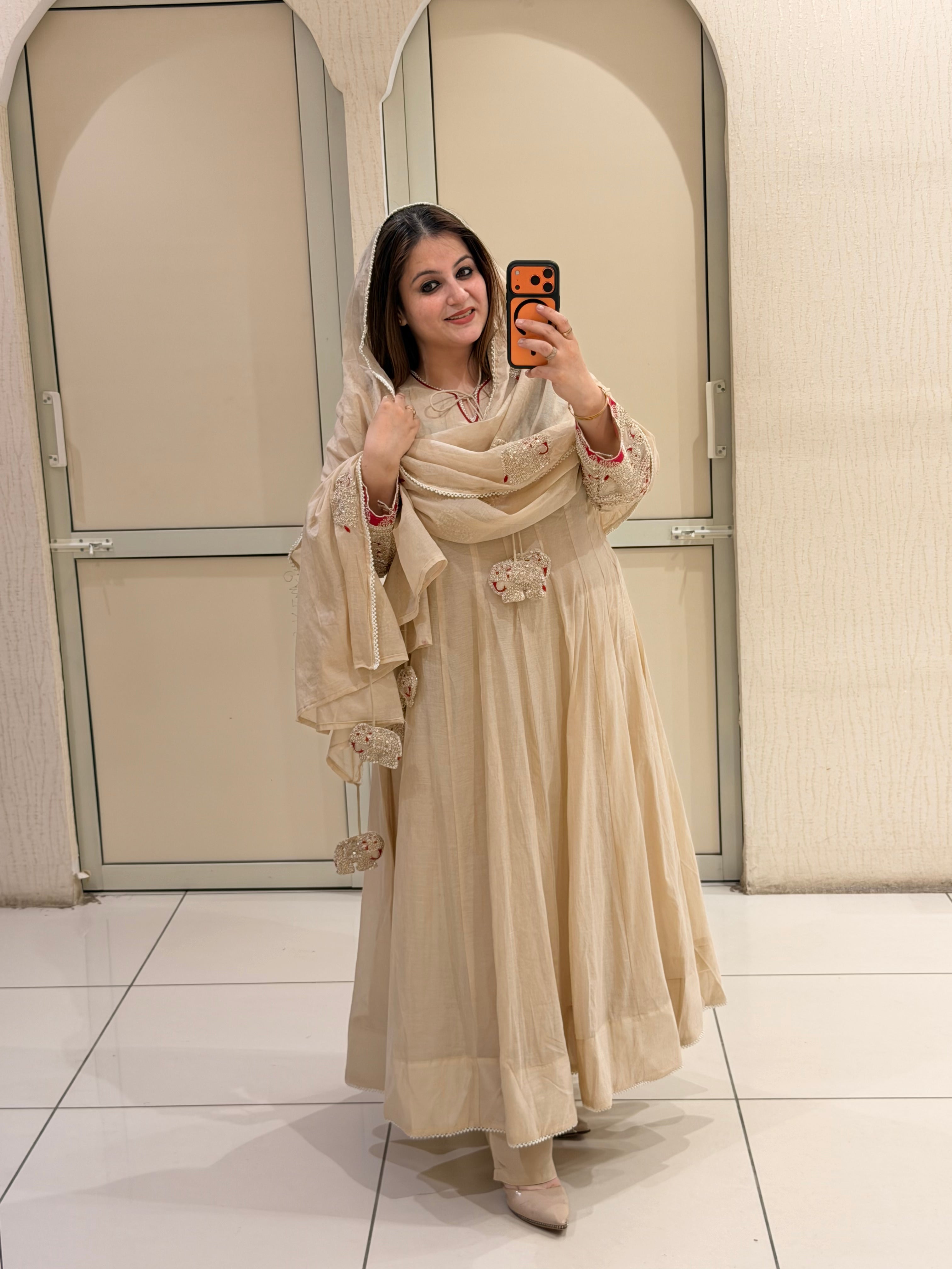 Pure Mul Chanderi Cream Designer Anarkali Suit Set