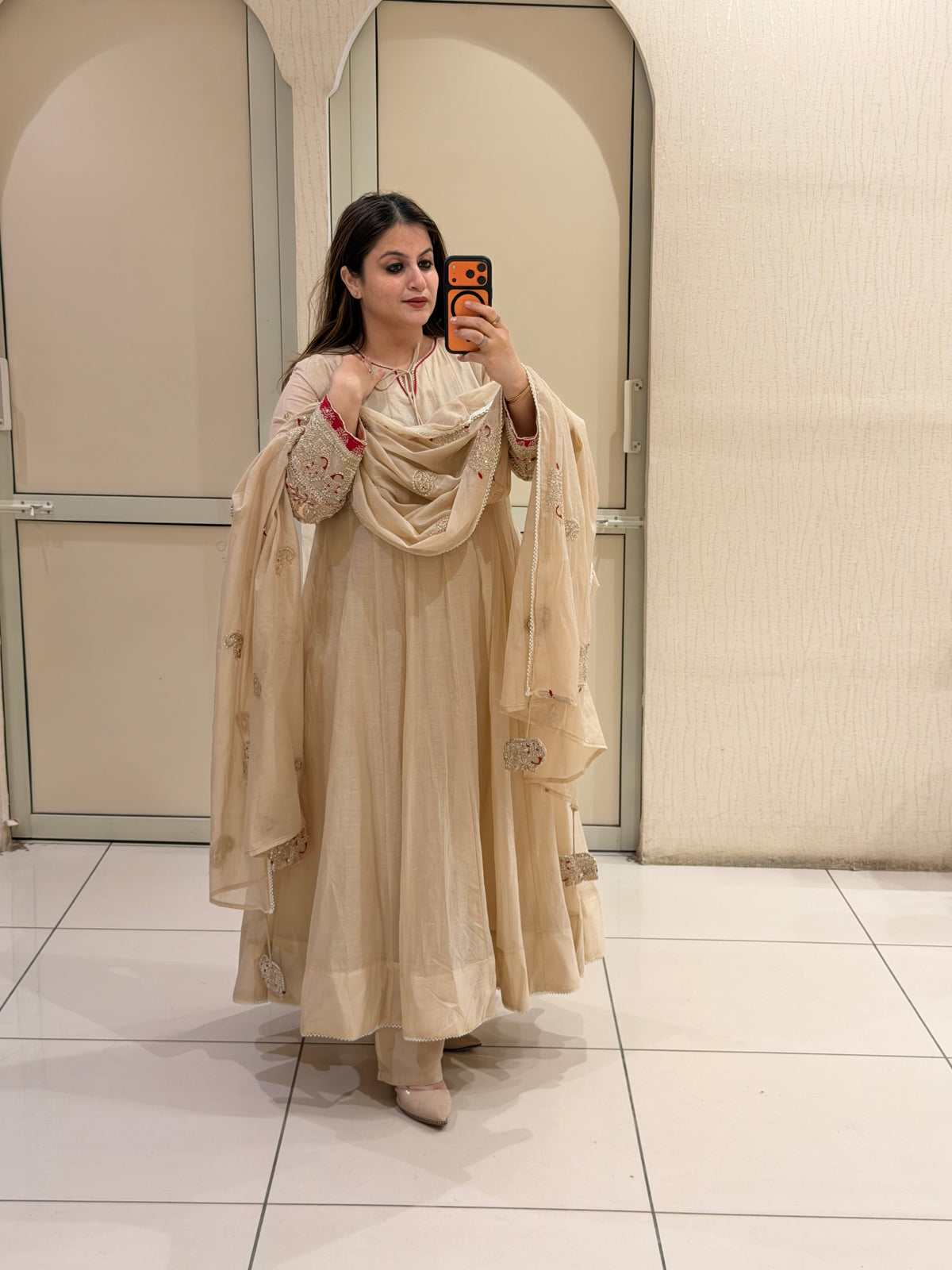 Pure Mul Chanderi Cream Designer Anarkali Suit Set