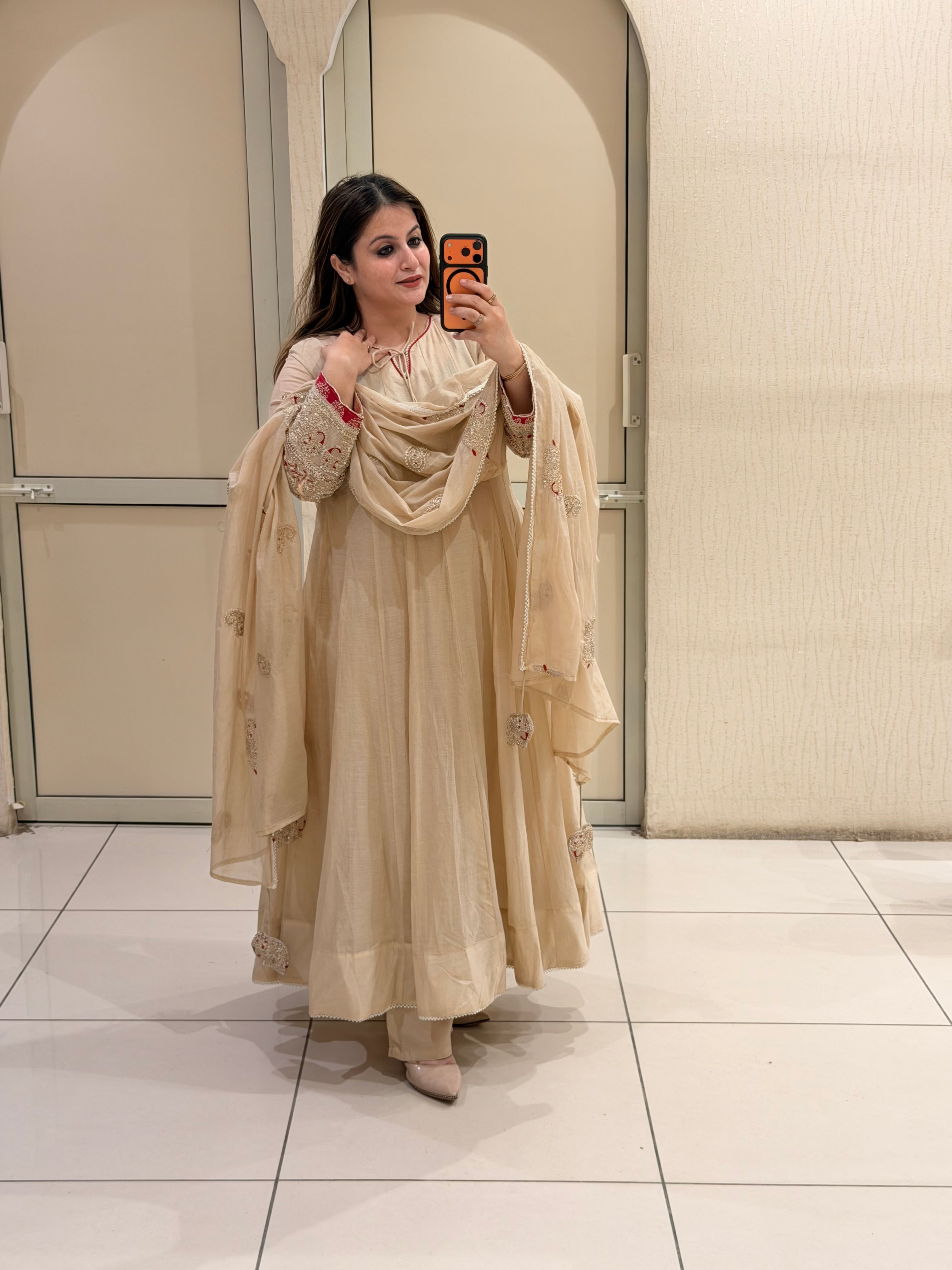 Pure Mul Chanderi Cream Designer Anarkali Suit Set