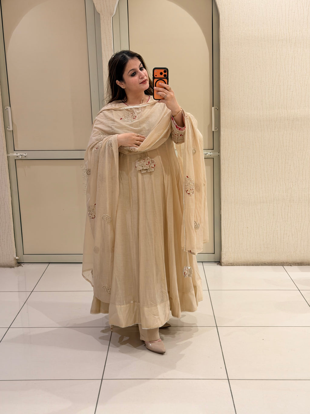 Pure Mul Chanderi Cream Designer Anarkali Suit Set