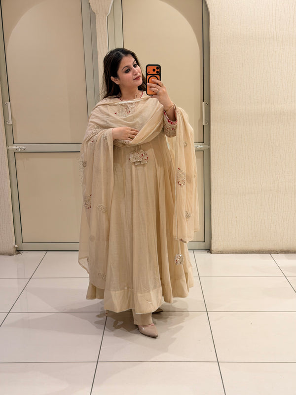 Pure Mul Chanderi Cream Designer Anarkali Suit Set