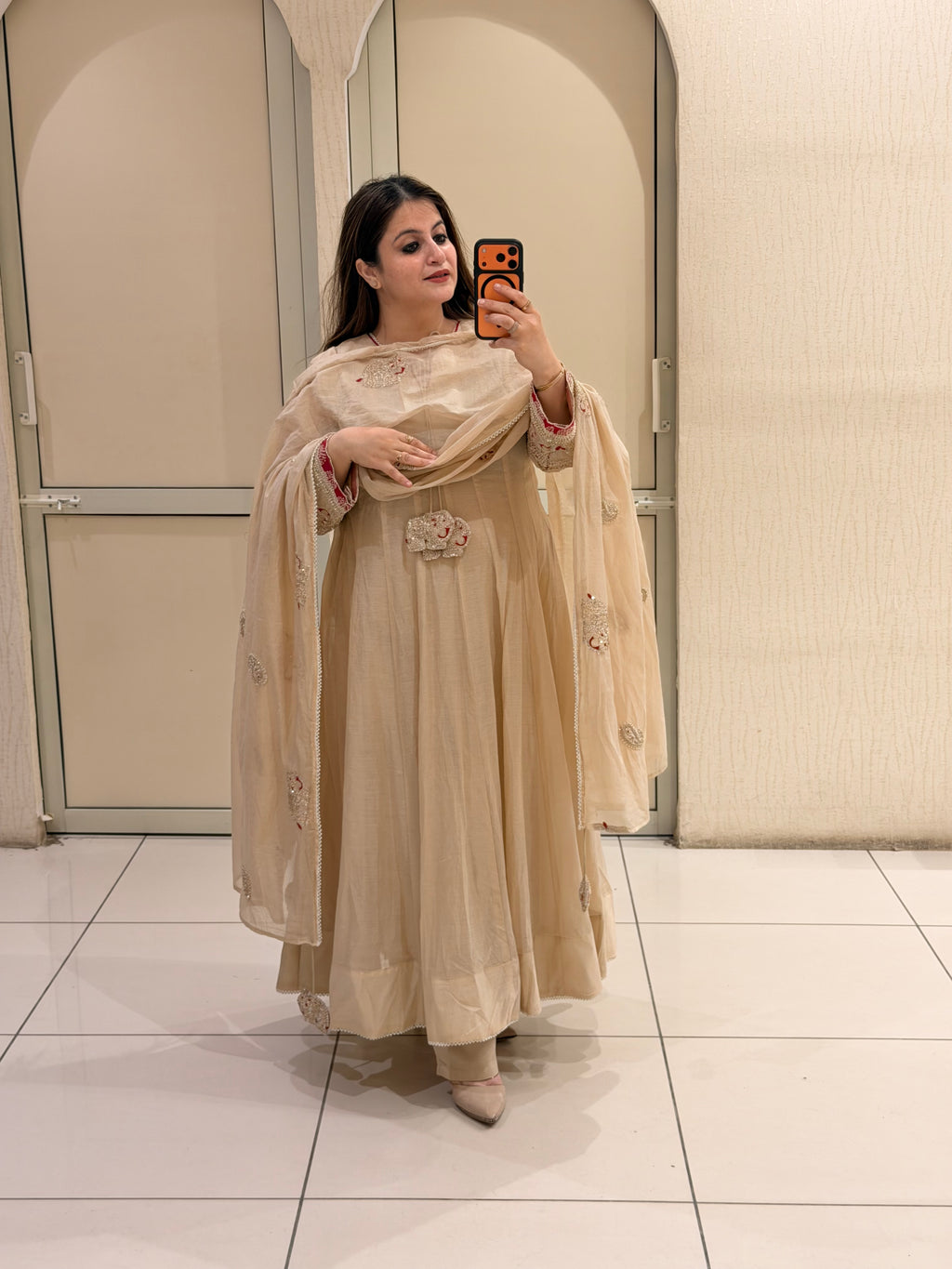 Pure Mul Chanderi Cream Designer Anarkali Suit Set