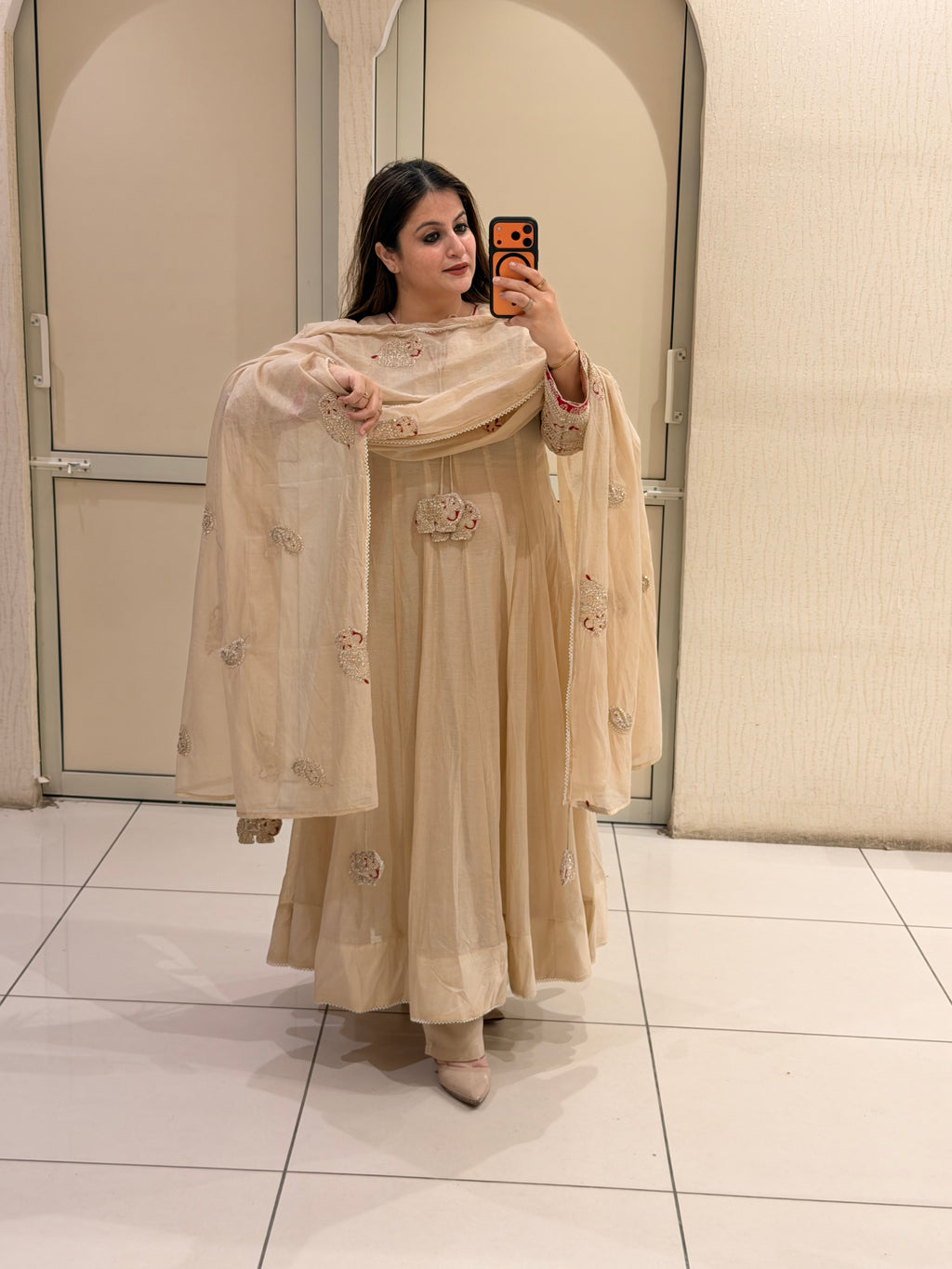 Pure Mul Chanderi Cream Designer Anarkali Suit Set