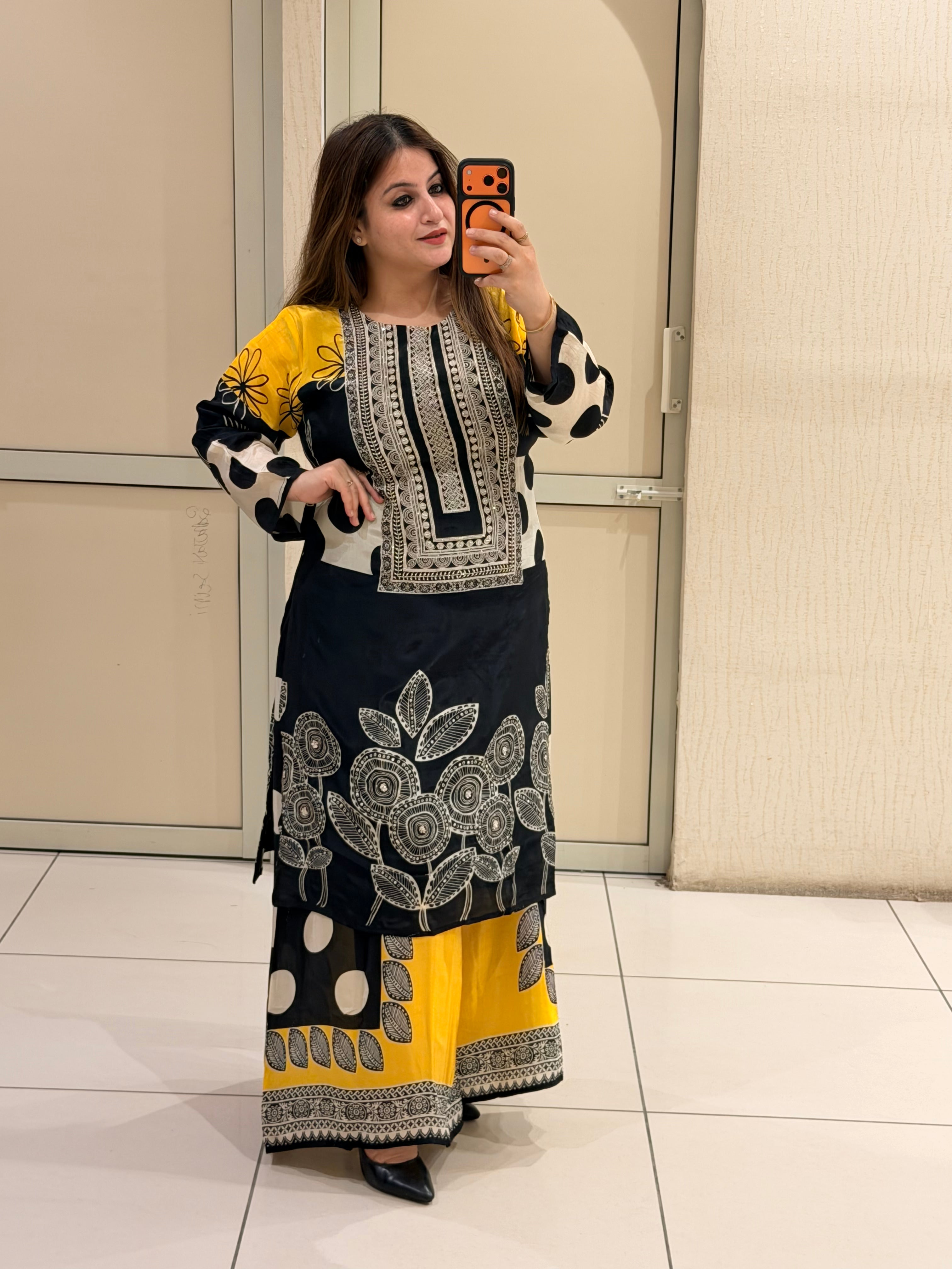 Black & Yellow Printed Designer Sharara Suit Set