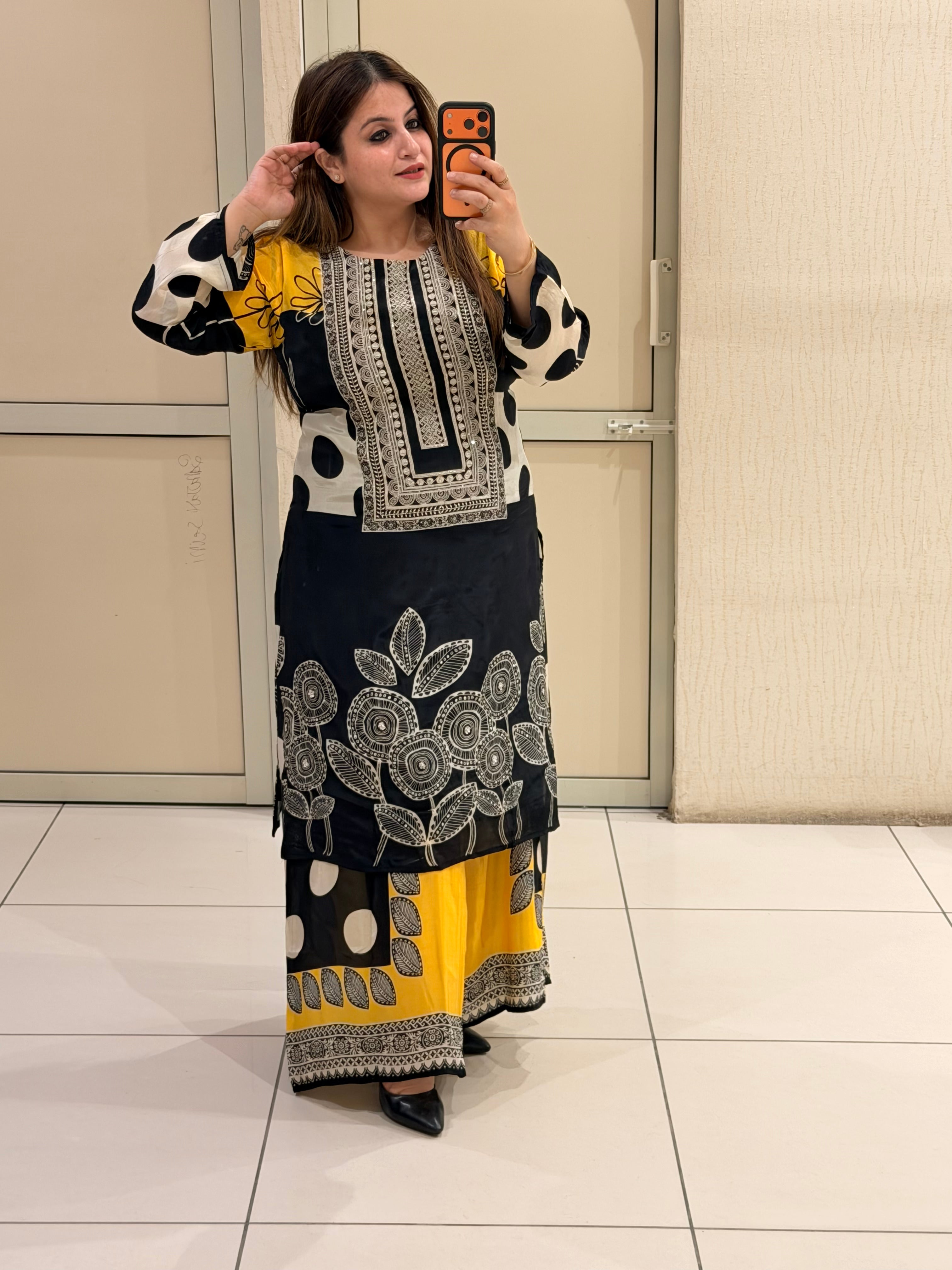 Black & Yellow Printed Designer Sharara Suit Set