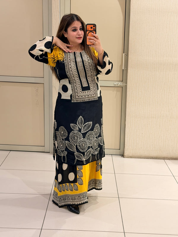 Black & Yellow Printed Designer Sharara Suit Set