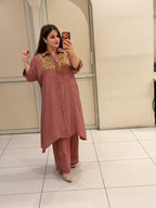 Dusty Rose Embellished Collar Neck Crepe Suit Set