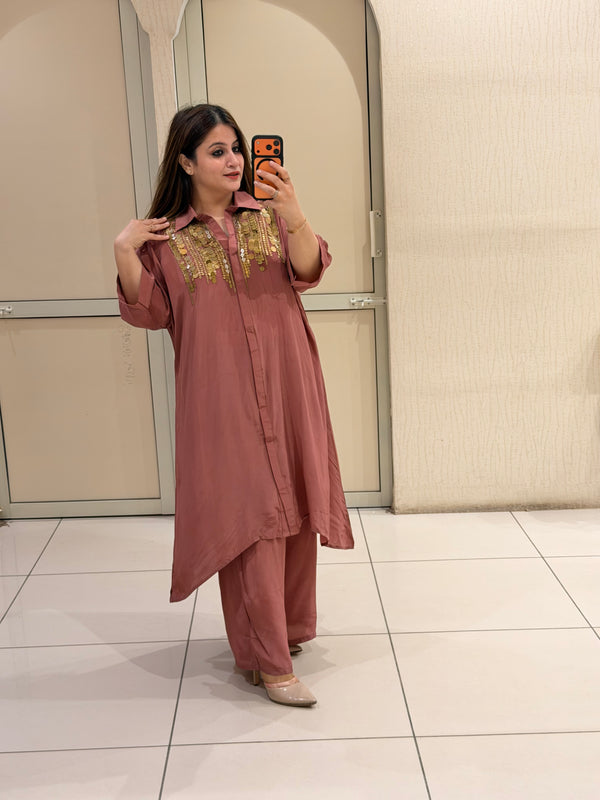 Dusty Rose Embellished Collar Neck Crepe Suit Set