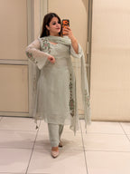 Pastel Green Hand-Painted Pure Soft Organza Suit Set