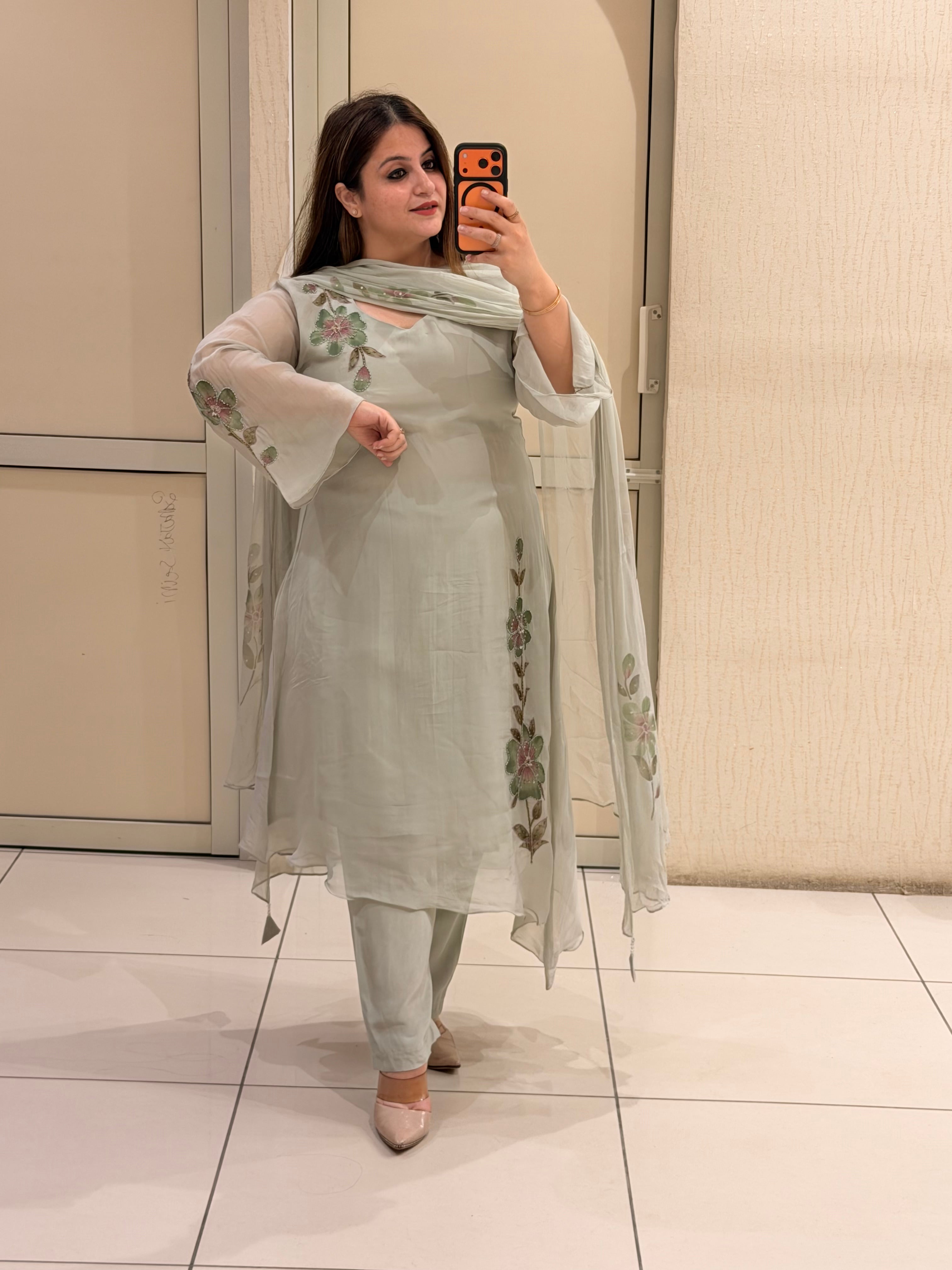 Pastel Green Hand-Painted Pure Soft Organza Suit Set