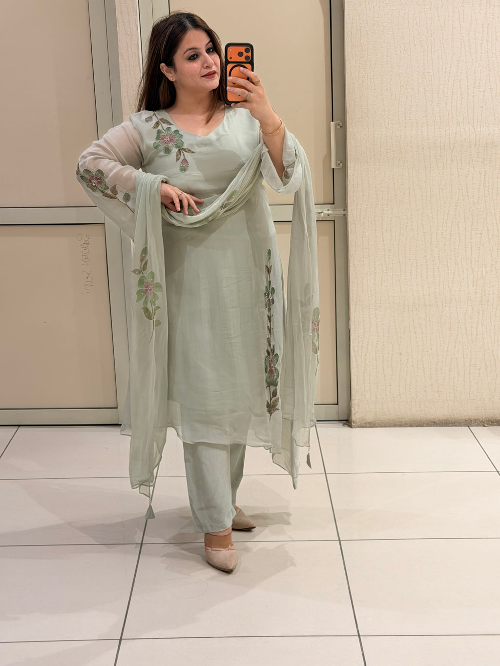 Pastel Green Hand-Painted Pure Soft Organza Suit Set