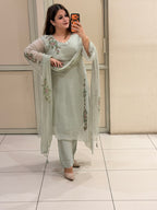 Pastel Green Hand-Painted Pure Soft Organza Suit Set