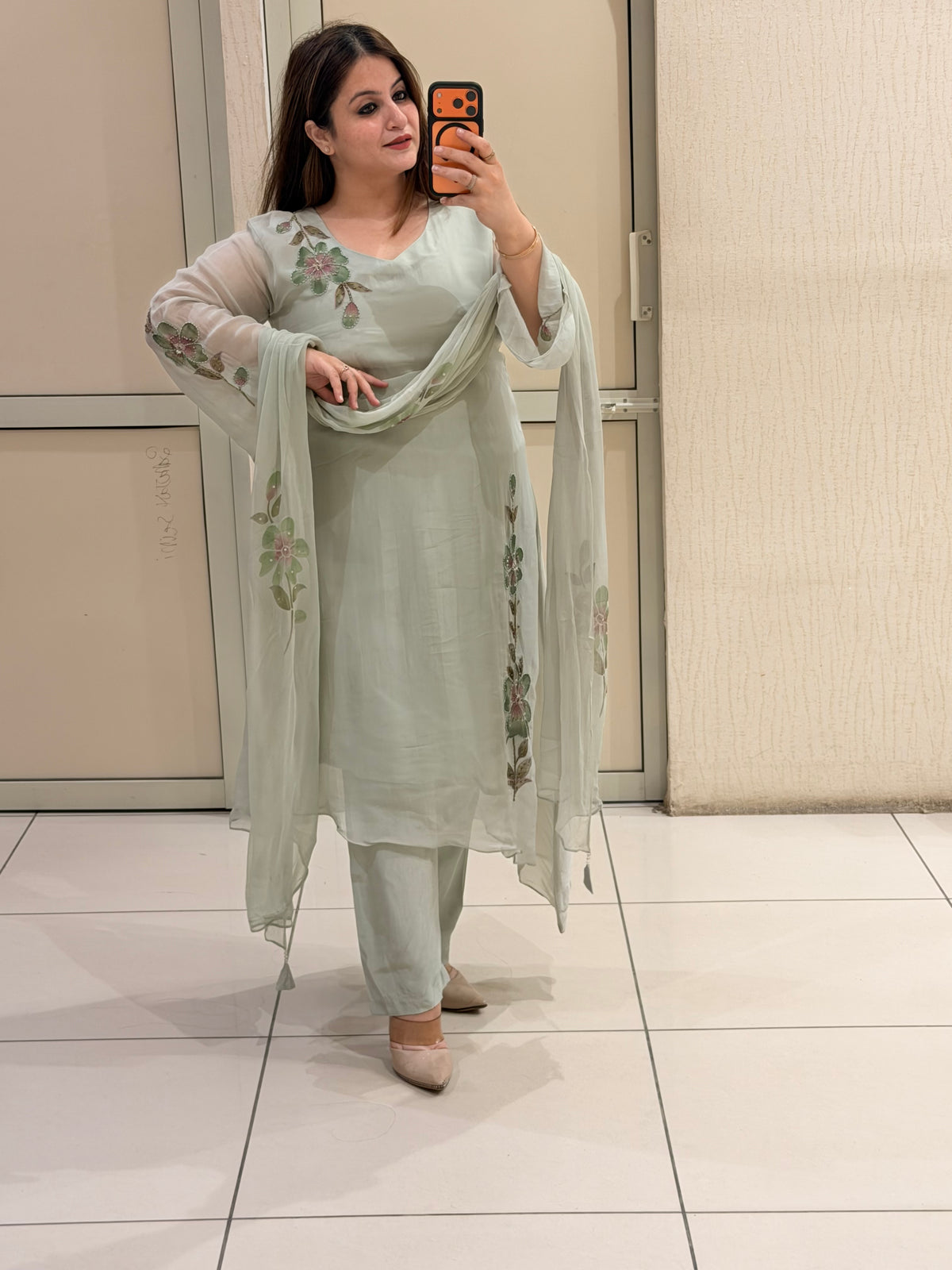 Pastel Green Hand-Painted Pure Soft Organza Suit Set