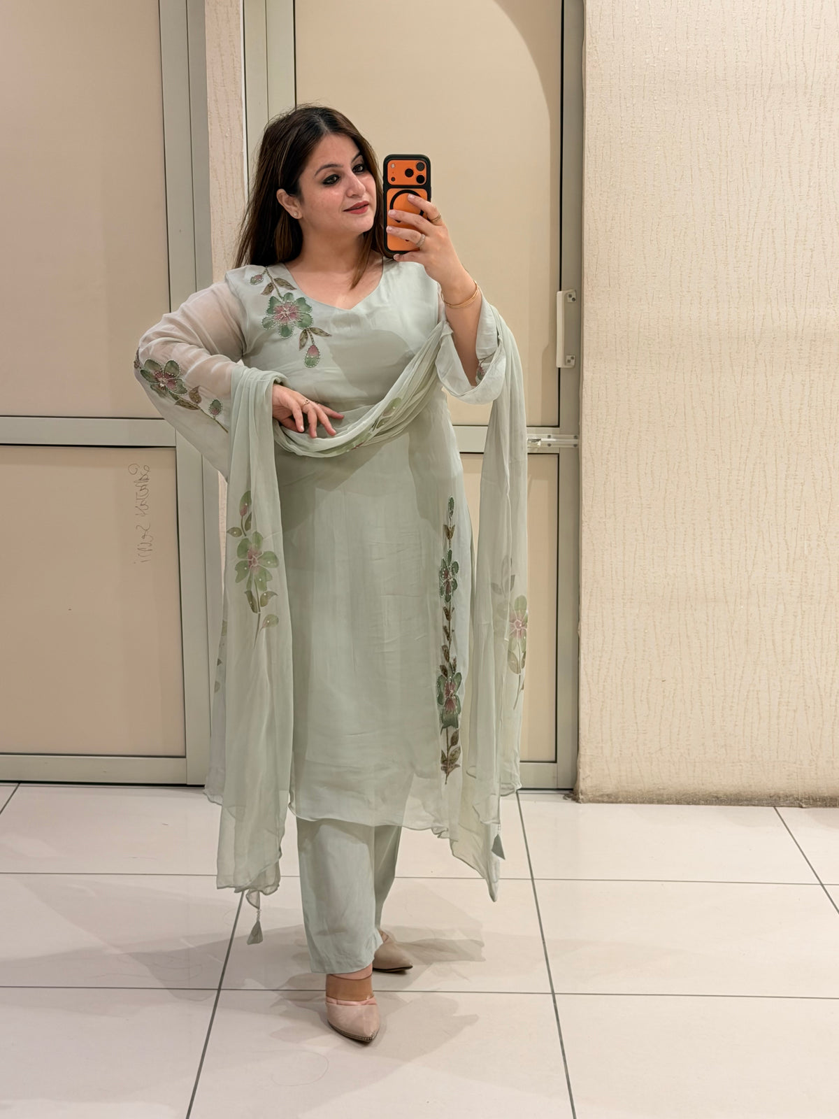Pastel Green Hand-Painted Pure Soft Organza Suit Set