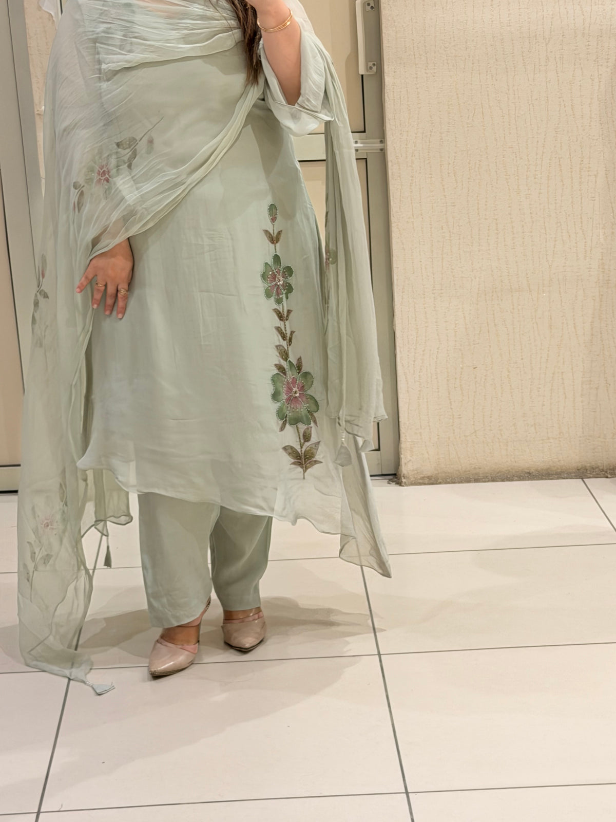 Pastel Green Hand-Painted Pure Soft Organza Suit Set