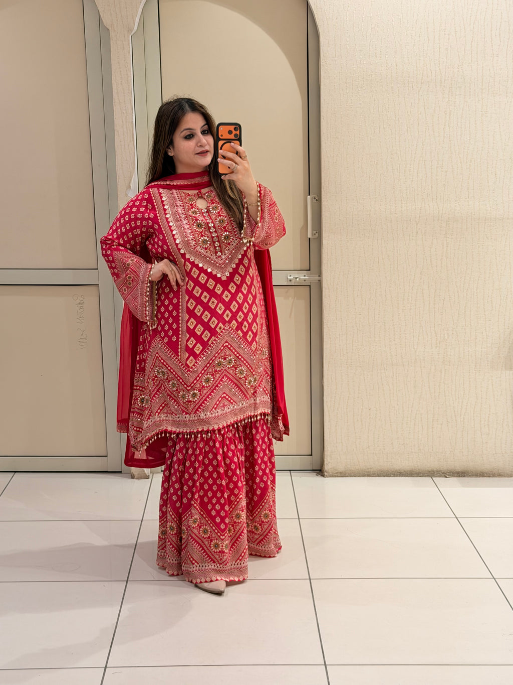 Red Printed C-Cut Designer Crepe Suit Set