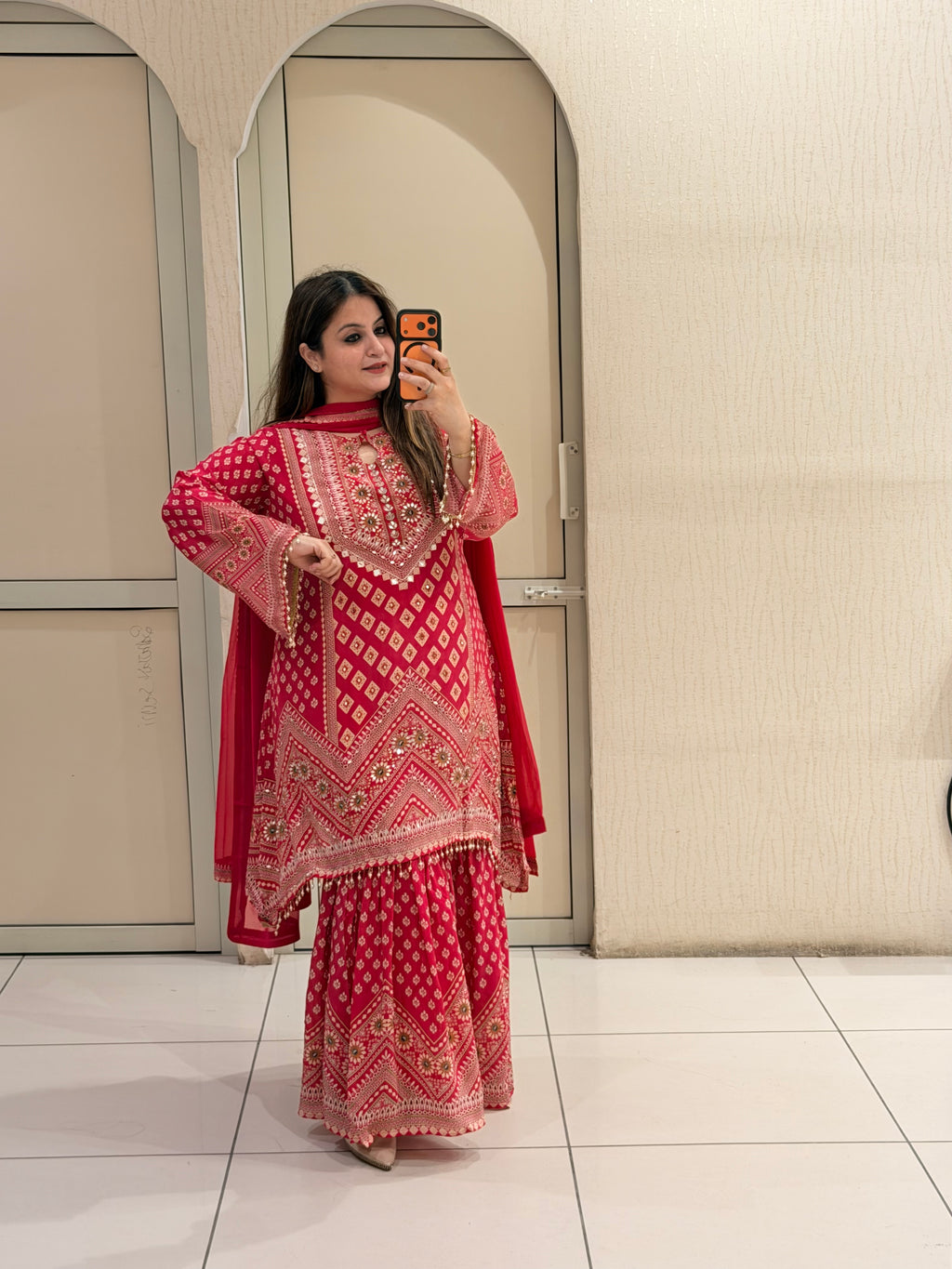 Red Printed C-Cut Designer Crepe Suit Set