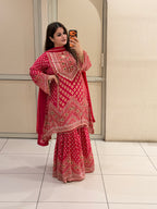 Red Printed C-Cut Designer Crepe Suit Set