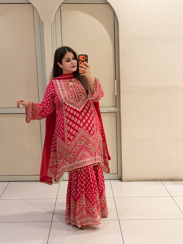 Red Printed C-Cut Designer Crepe Suit Set