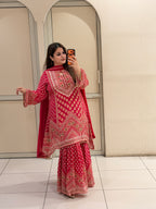 Red Printed C-Cut Designer Crepe Suit Set