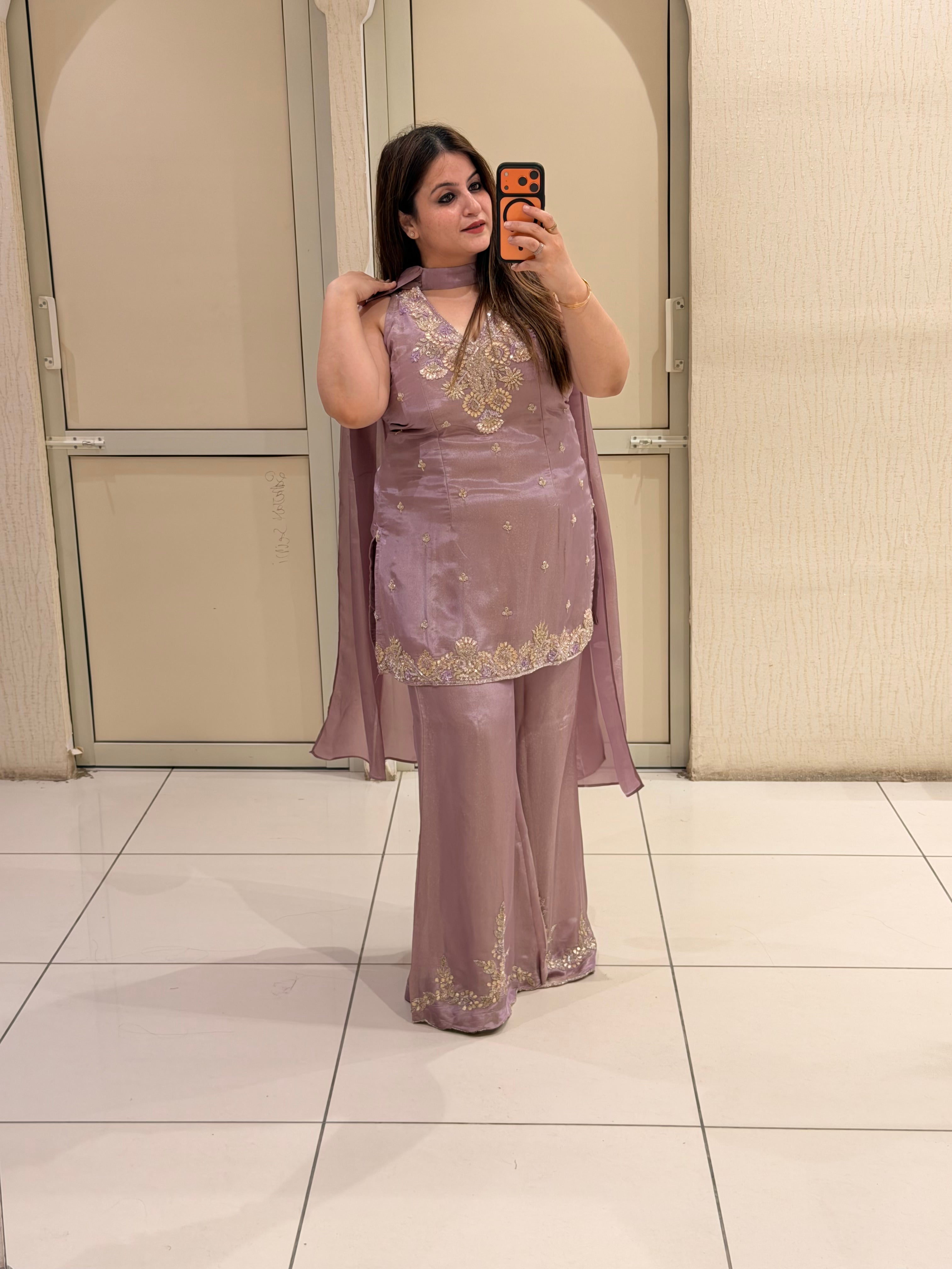 Mauve Embroidered Designer Palazzo Suit Set