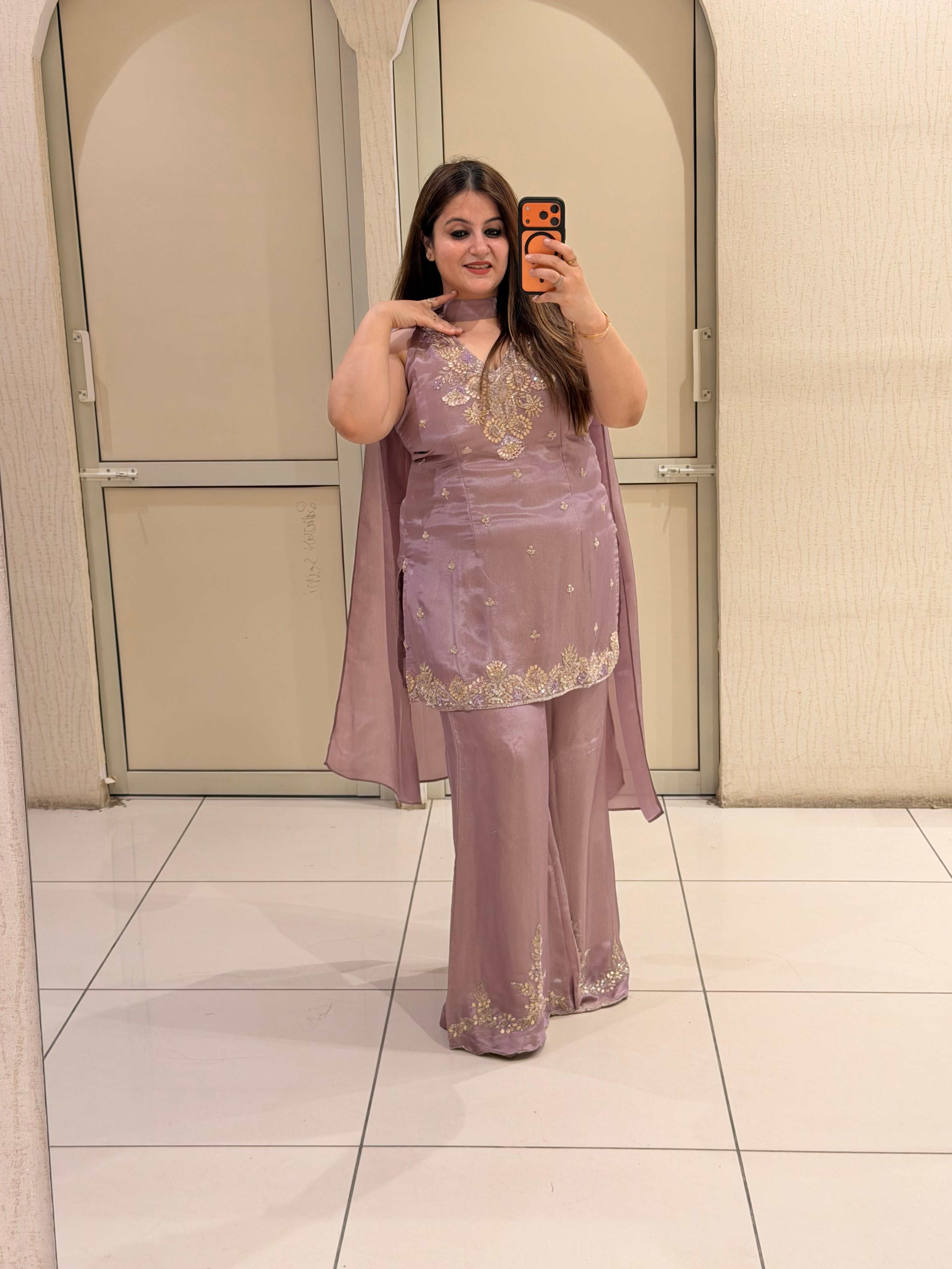 Mauve Embroidered Designer Palazzo Suit Set