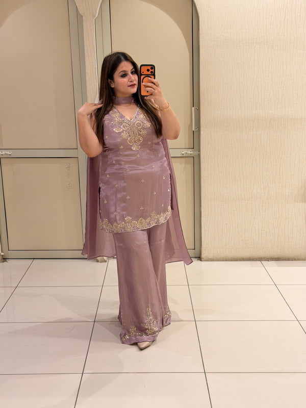 Mauve Embroidered Designer Palazzo Suit Set