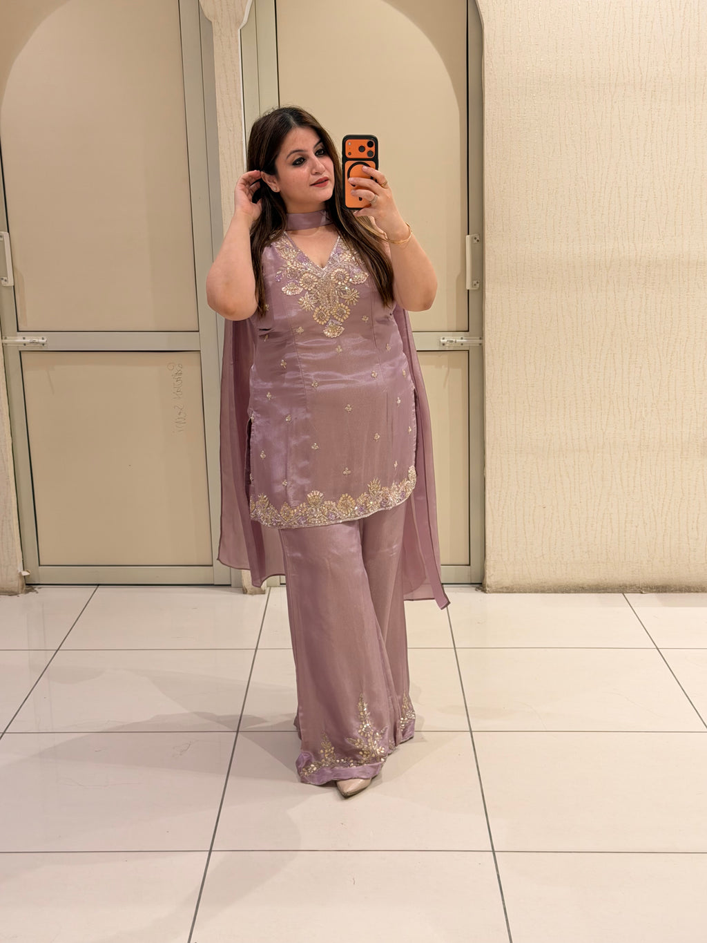 Mauve Embroidered Designer Palazzo Suit Set