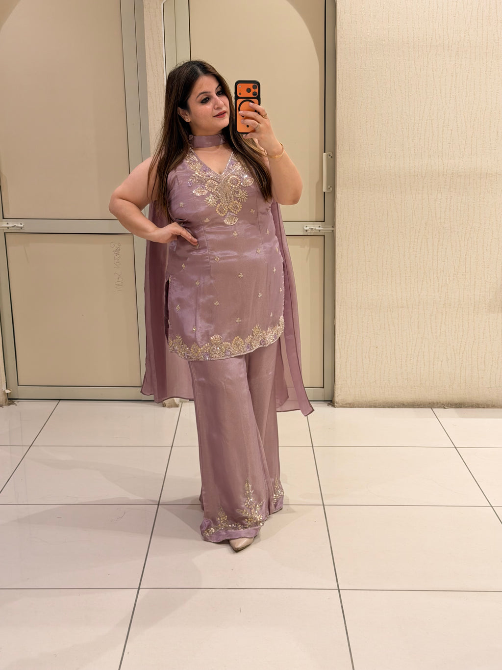 Mauve Embroidered Designer Palazzo Suit Set