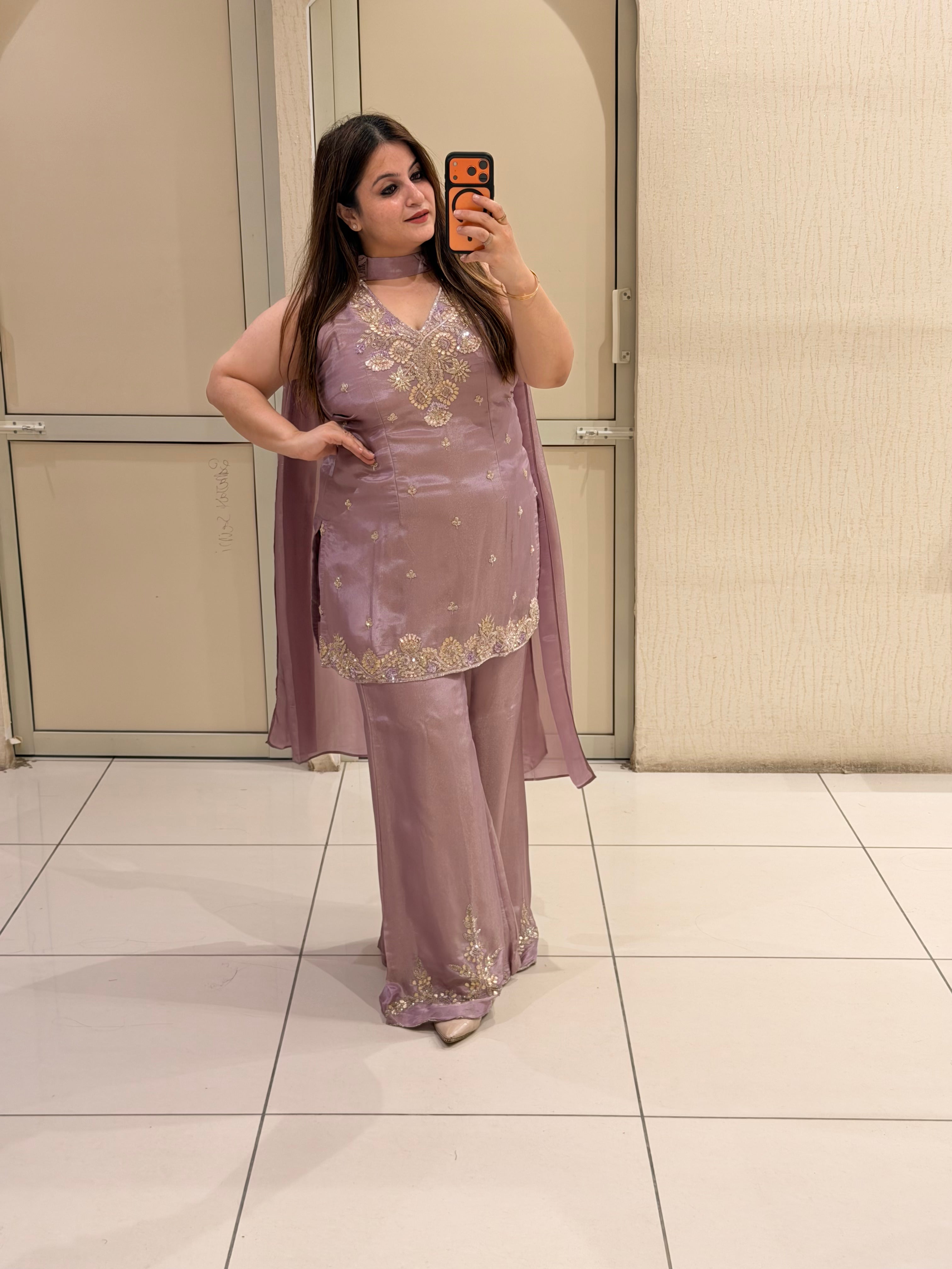 Mauve Embroidered Designer Palazzo Suit Set