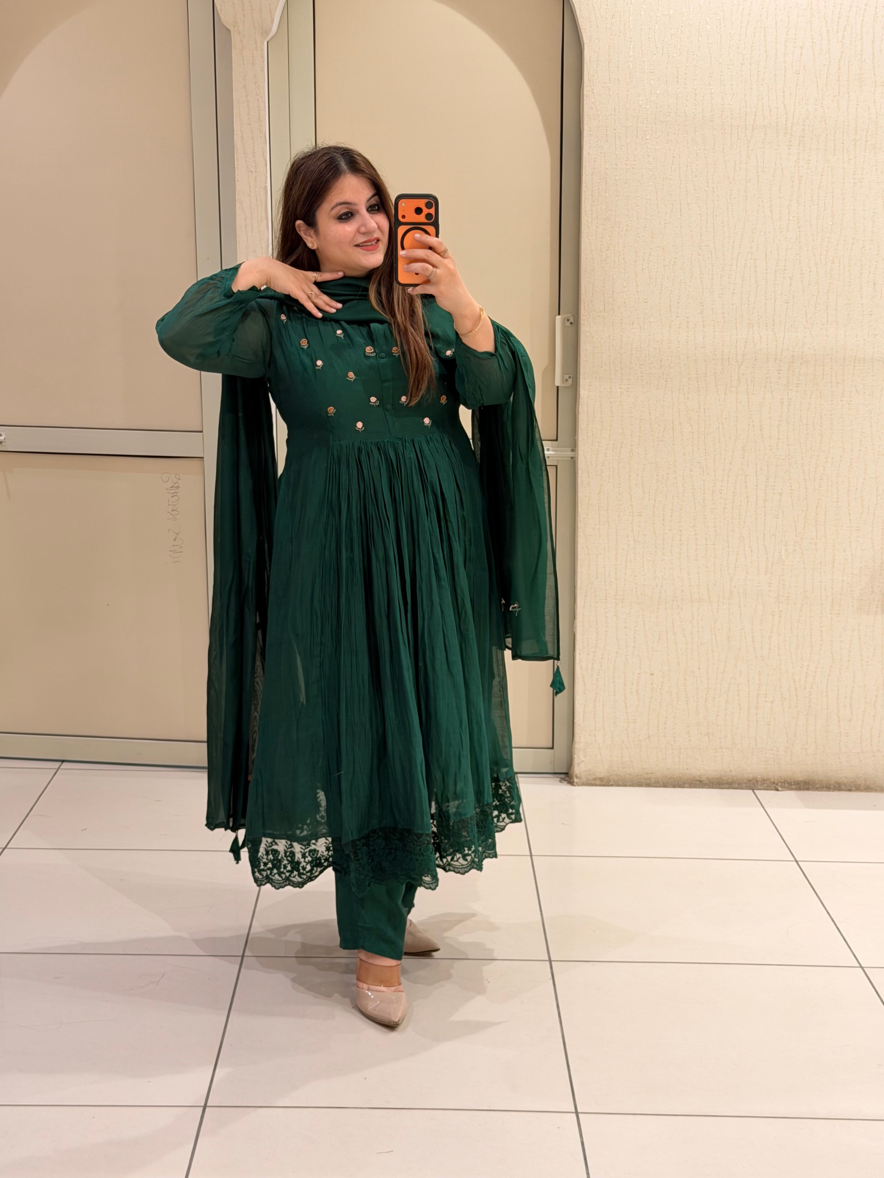 Green Designer Embroidered Anarkali Suit Set