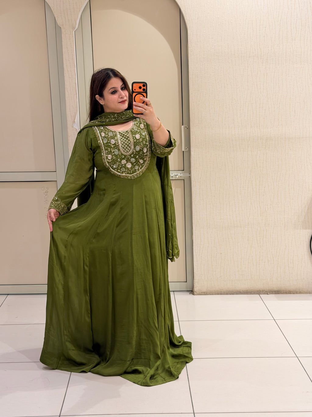 Olive Green Embroidered Handwork Anarkali Dress