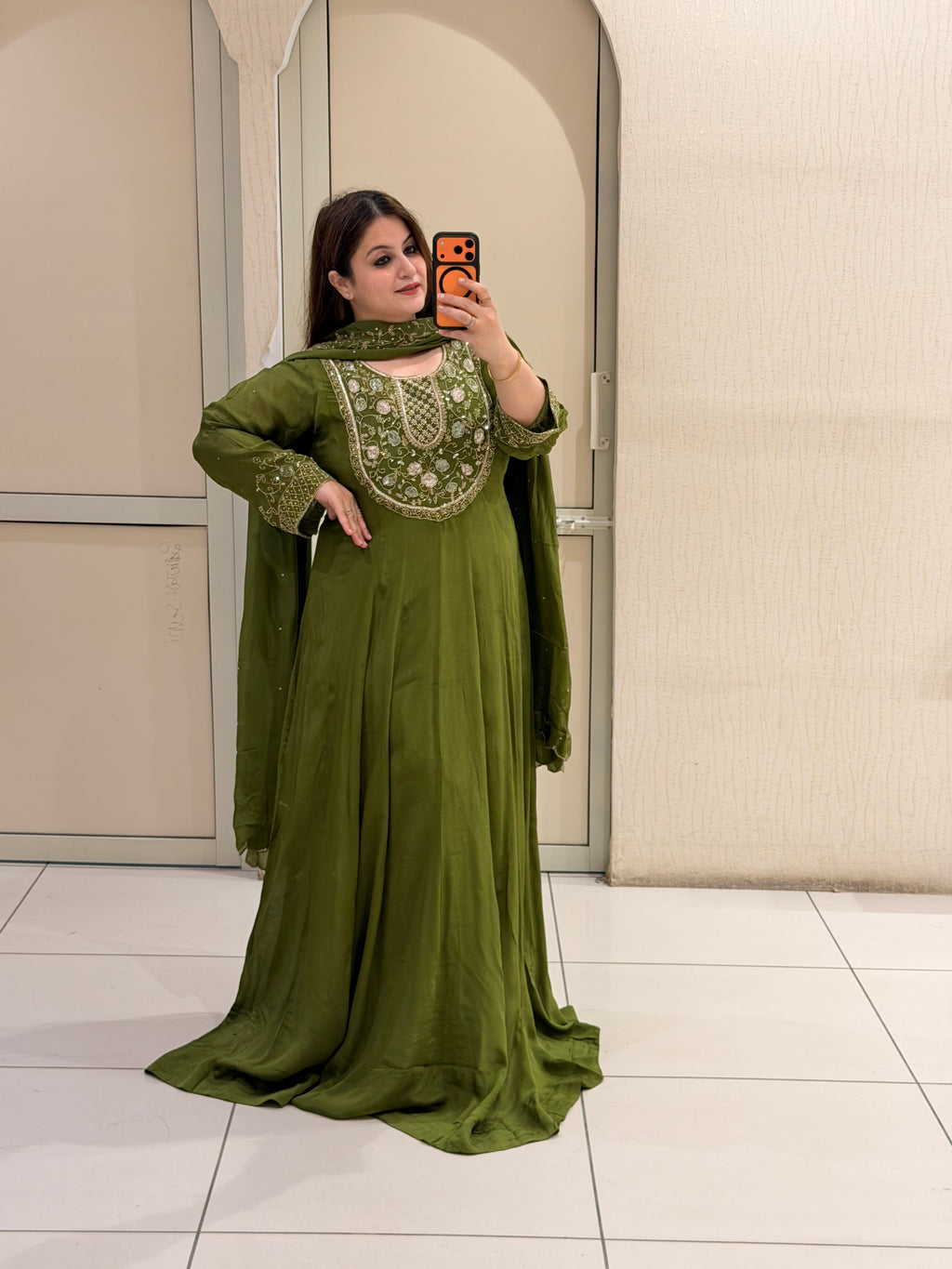 Olive Green Embroidered Handwork Anarkali Dress