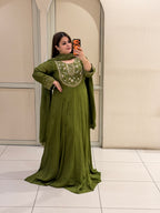 Olive Green Embroidered Handwork Anarkali Dress